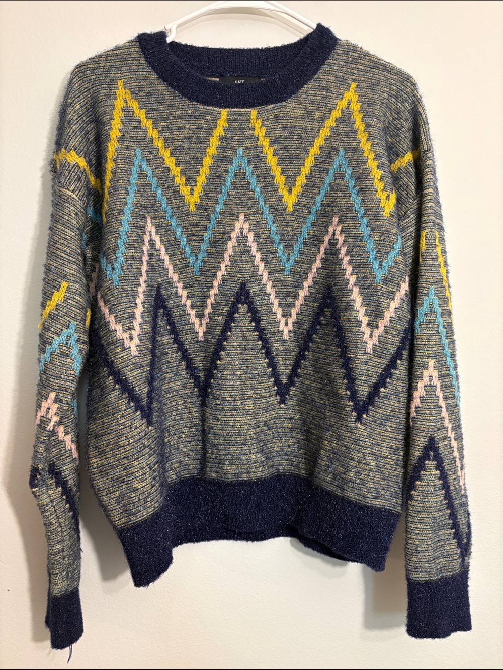 Fate Chevron Crewneck Sweater in Navy, Yellow, Light Blue & Pink